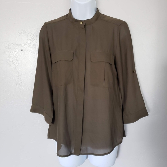 H&M Size 8 Olive Army Green Chiffon Blouse Button Up Shirt Top Roll-tab - Picture 1 of 8